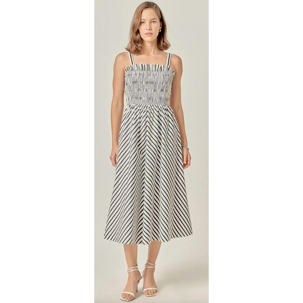 English Factory Black and White Striped Smocked Midi Dress